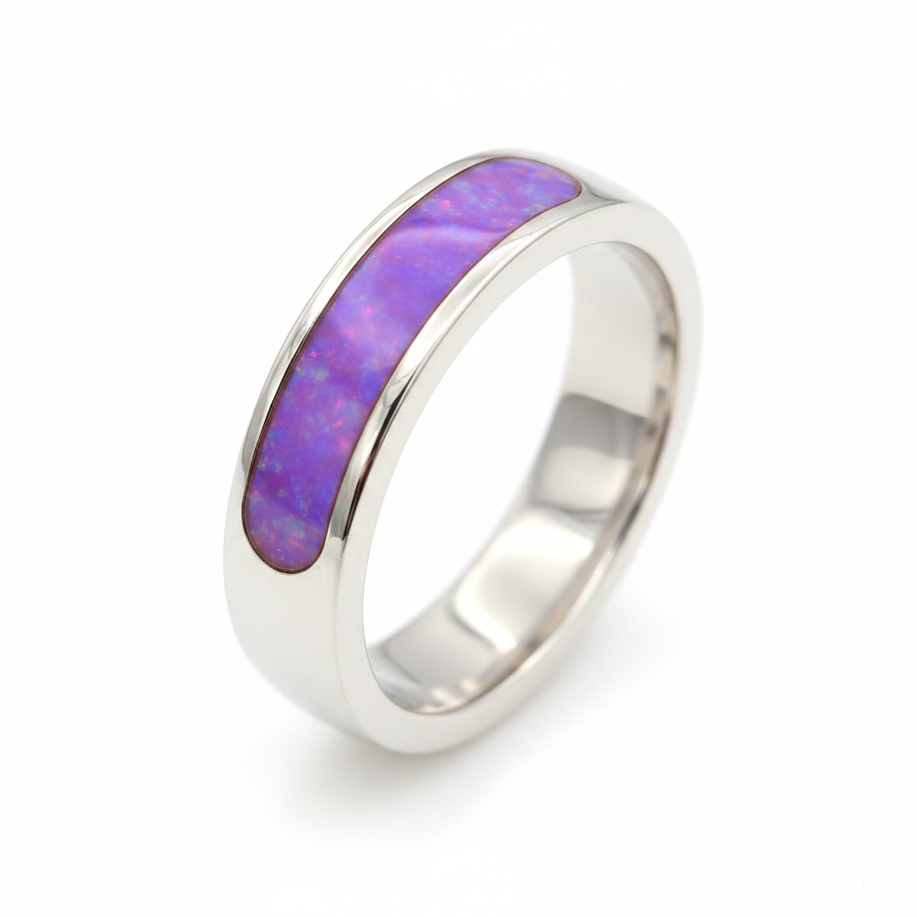Rounded 6mm Channel Band 925 Silver Ring with lavender purple opal resin perfectly flush and level with silver edges — pure white background