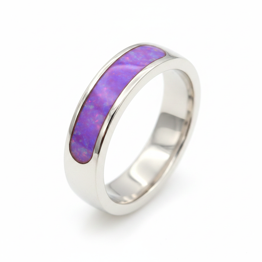 Rounded 6mm Channel Band 925 Silver Ring with lavender purple opal resin perfectly flush and level with silver edges — pure white background
