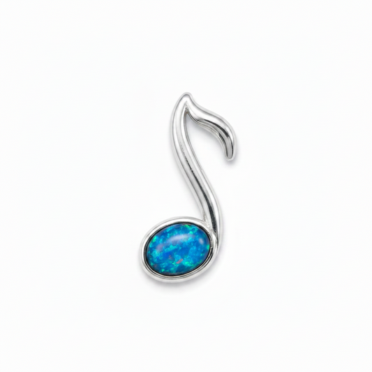 Silver 925 quaver music note memorial pendant with blue opal flakes, white background