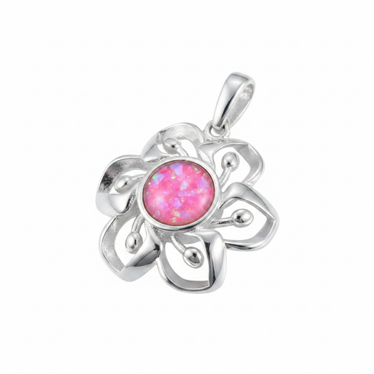 Silver 925 flower memorial pendant with pink opal flakes, white background