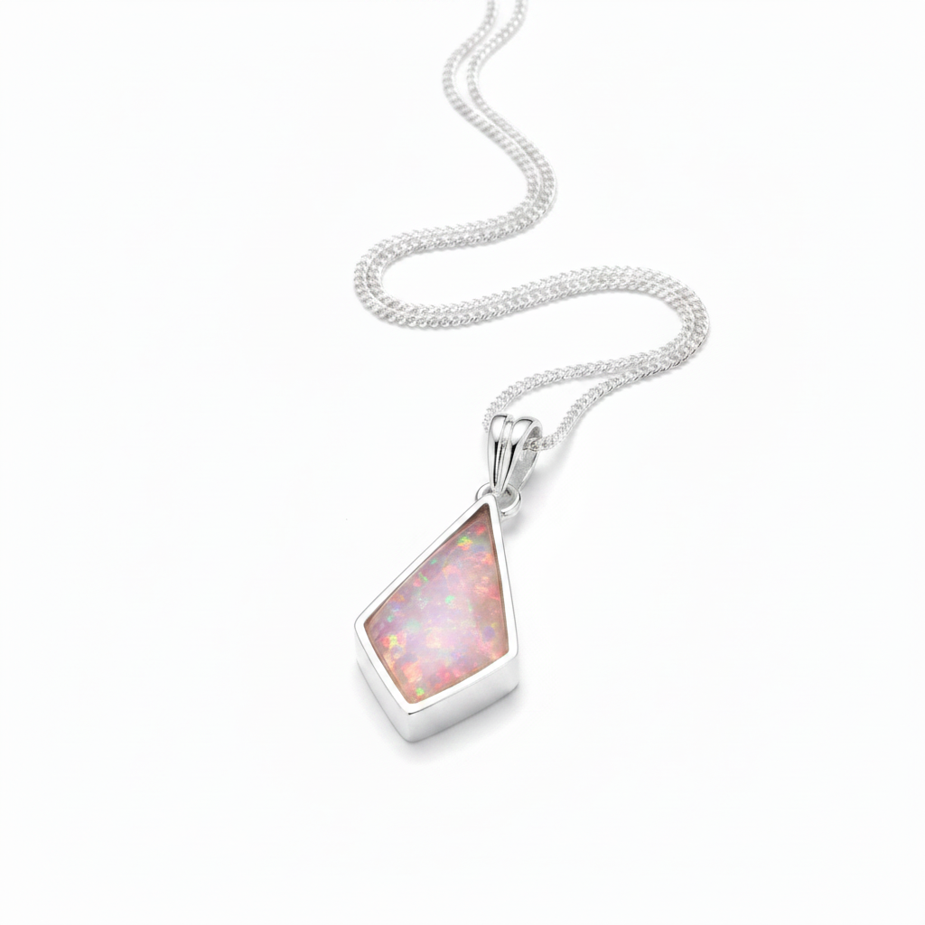 Silver 925 kite shaped memorial pendant with pink opal resin on chain, white background