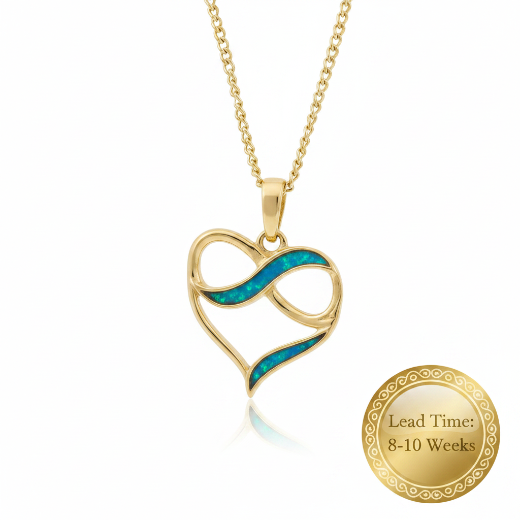 9ct yellow gold heart infinity pendant with blue teal opal resin in infinity channel on chain, white background, lead time 8-10 weeks