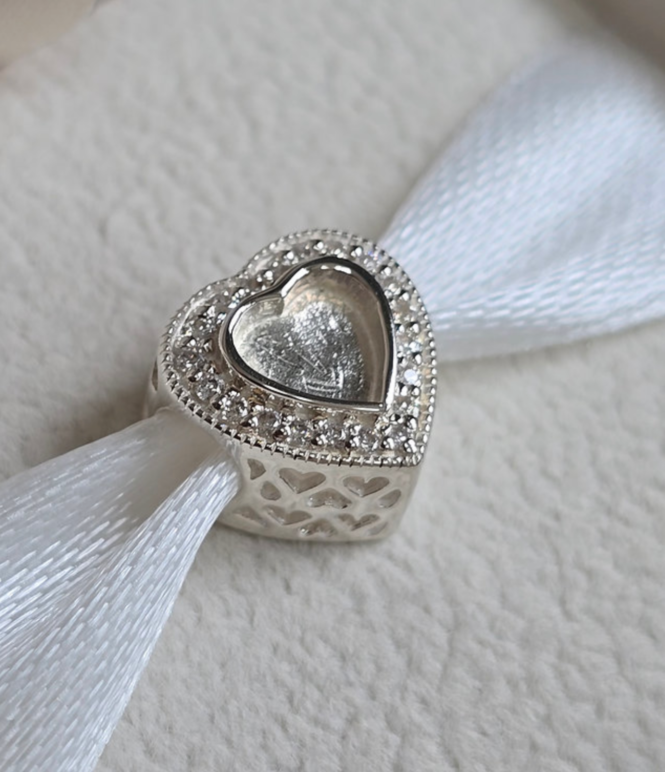 925 sterling silver classic heart memorial charm — top angle showing heart resin recess with CZ halo and filigree heart sides
