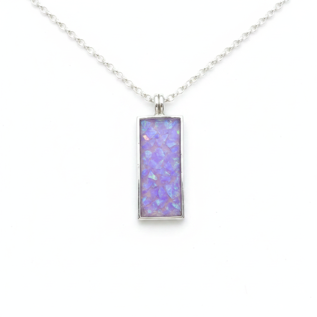 925 sterling silver rectangle dog tag memorial pendant necklace with lavender purple opal resin on white background
