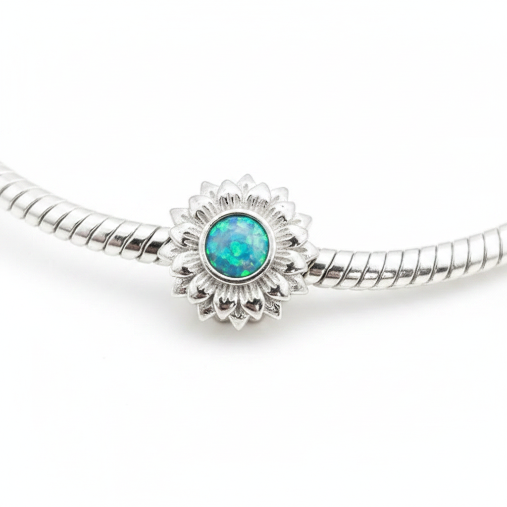 Sunflower Bead 925 Silver Memorial Charm – blue teal opal inclusion