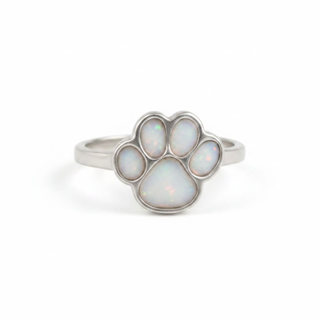 Paw Print 925 Silver Ring with white pearl opal resin in all 5 pad settings — pure white background