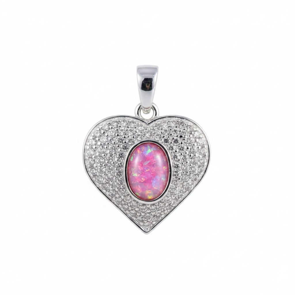 Silver 925 pave CZ heart memorial pendant with pink opal flakes, white background