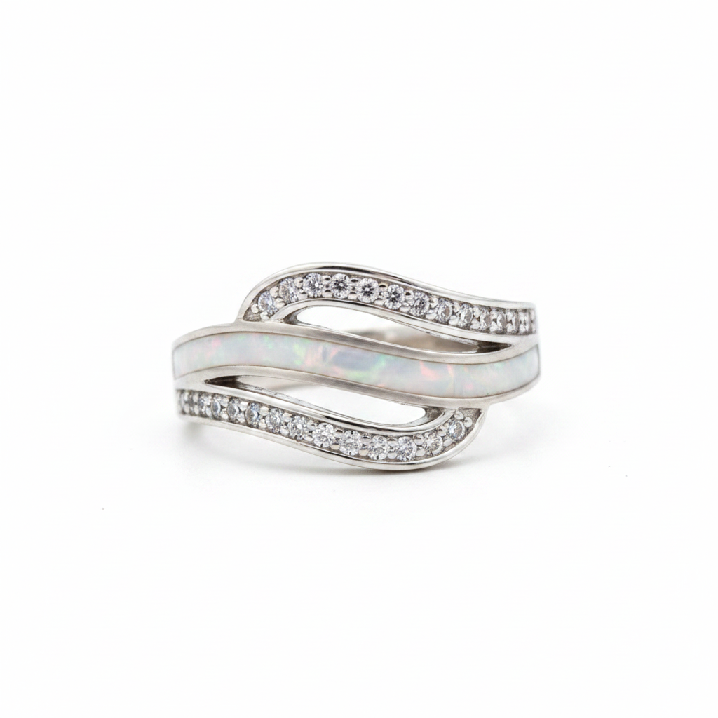 Crystal triple wave 925 silver ring — white pearl opal resin middle band, white background