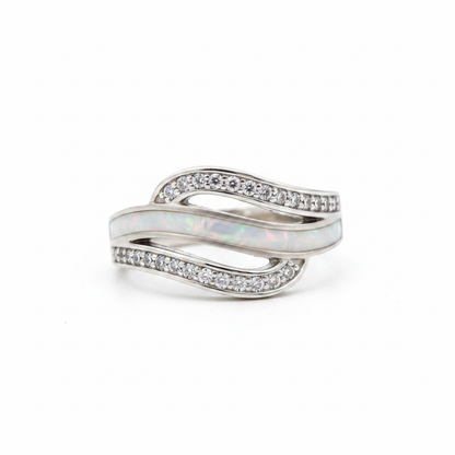 Crystal triple wave 925 silver ring — white pearl opal resin middle band, white background