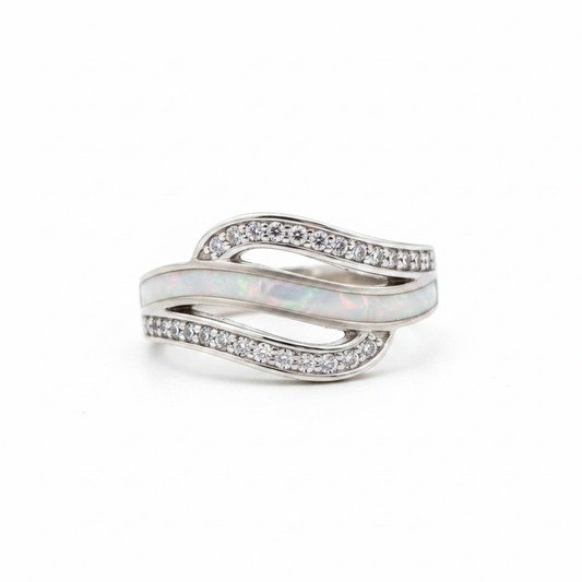 Crystal triple wave 925 silver ring — white pearl opal resin middle band, white background