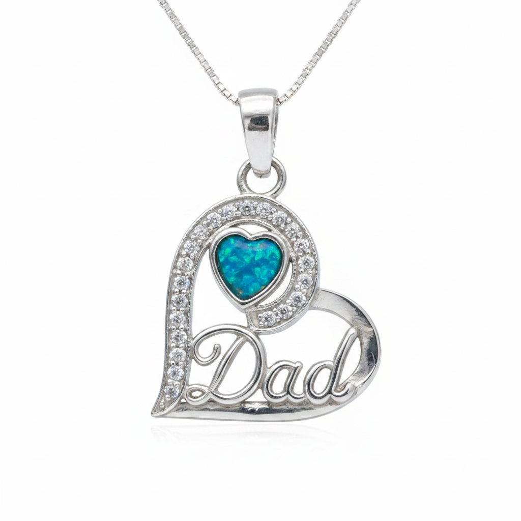 925 sterling silver Dad heart memorial pendant necklace with blue teal opal resin in heart bezel on white background