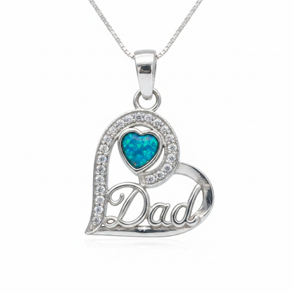 925 sterling silver Dad heart memorial pendant necklace with blue teal opal resin in heart bezel on white background