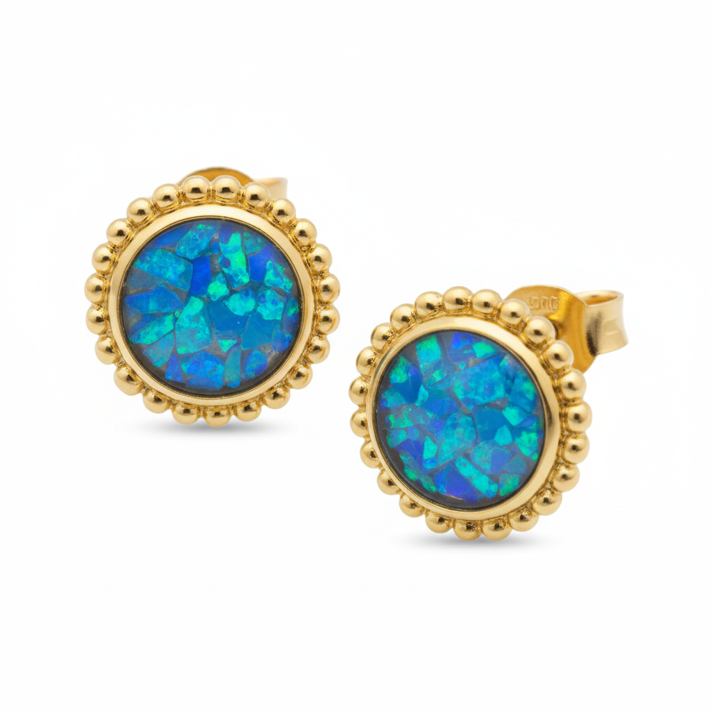 Gold bead edge round stud earrings with blue opal flakes memorial resin