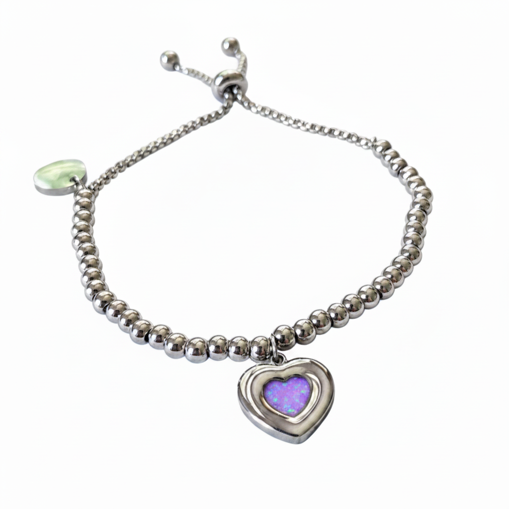 Beaded bubble heart adjustable memorial bracelet with lavender purple opal resin inclusion - stainless steel