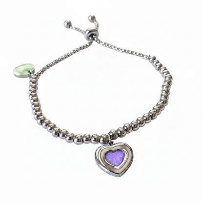 Beaded bubble heart adjustable memorial bracelet with lavender purple opal resin inclusion - stainless steel