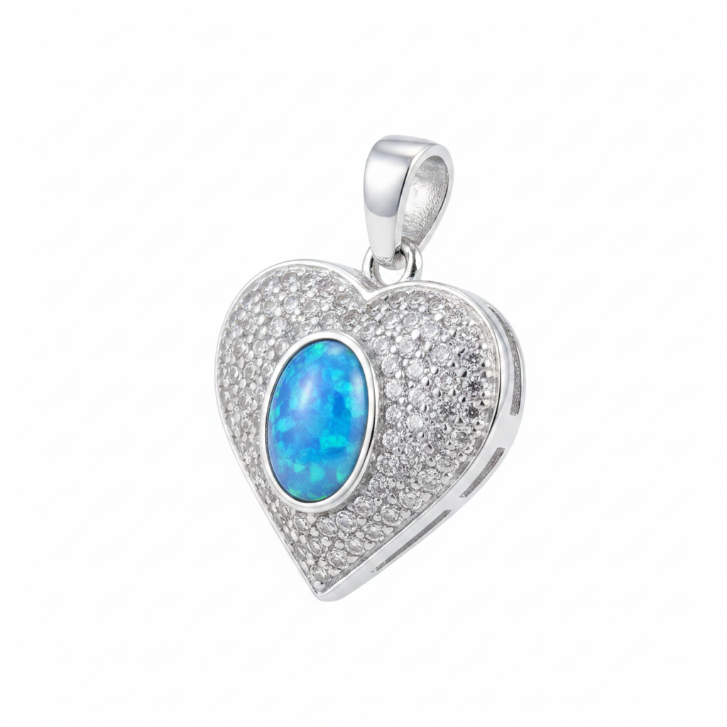Silver 925 pave CZ heart memorial pendant with blue opal flakes, white background