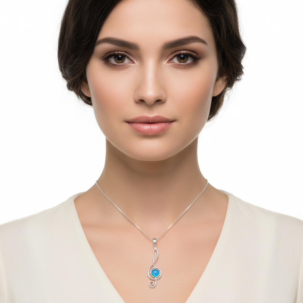 Model wearing silver 925 treble clef music note memorial pendant at true 40x11mm scale