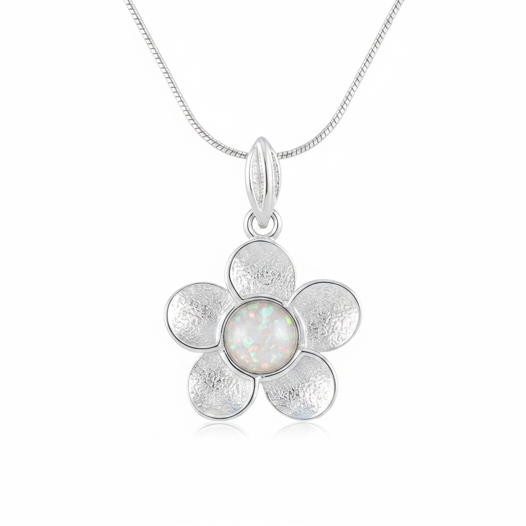Silver 925 daisy flower memorial pendant with white opal and mica, white background