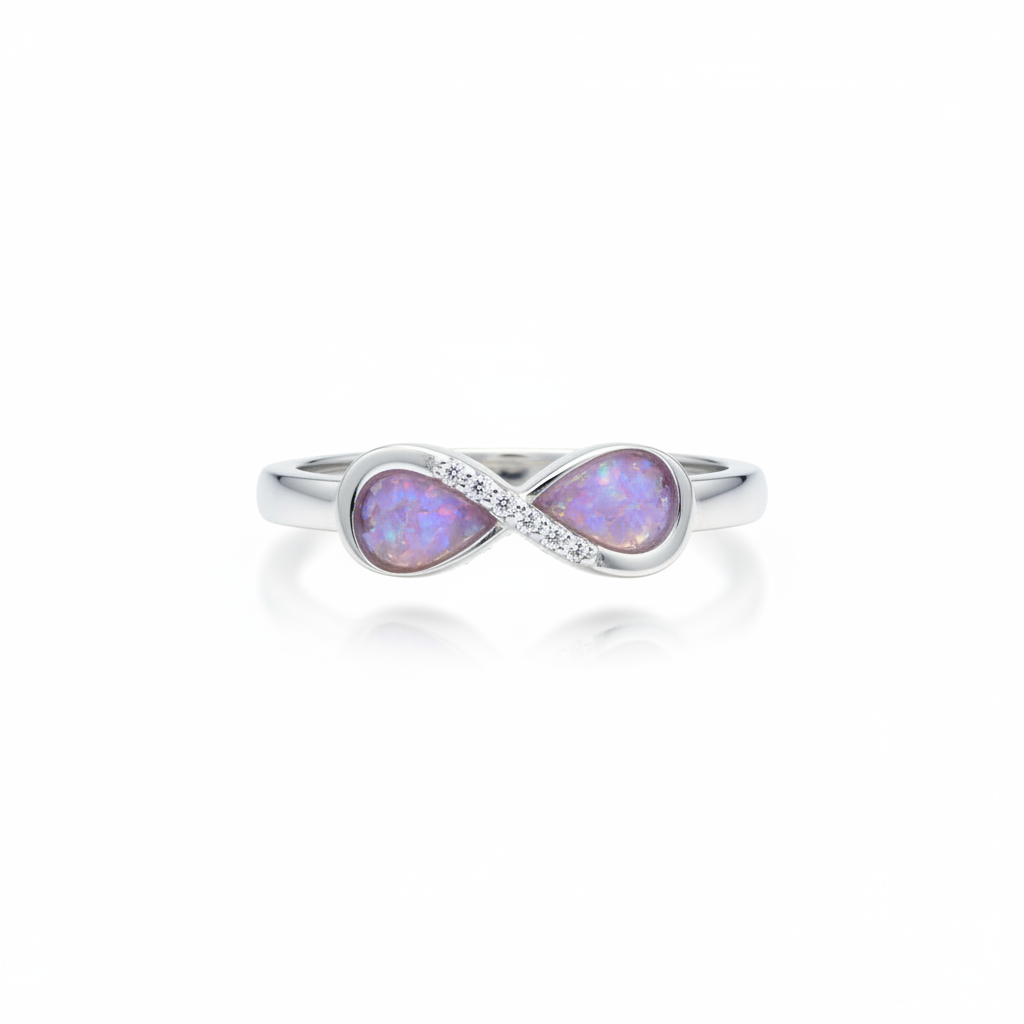 925 sterling silver CZ infinity memorial ring with lavender purple opal resin in pear bezels on white background