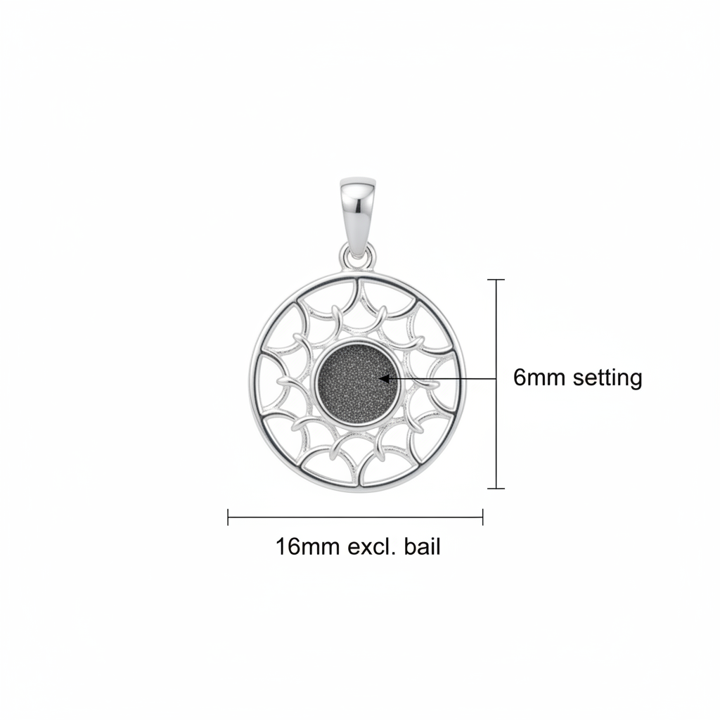 Silver 925 sun scale memorial pendant dimensions — 16mm excl. bail, 6mm round centre