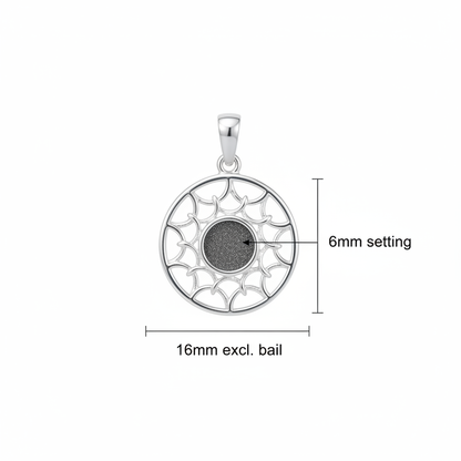 Silver 925 sun scale memorial pendant dimensions — 16mm excl. bail, 6mm round centre