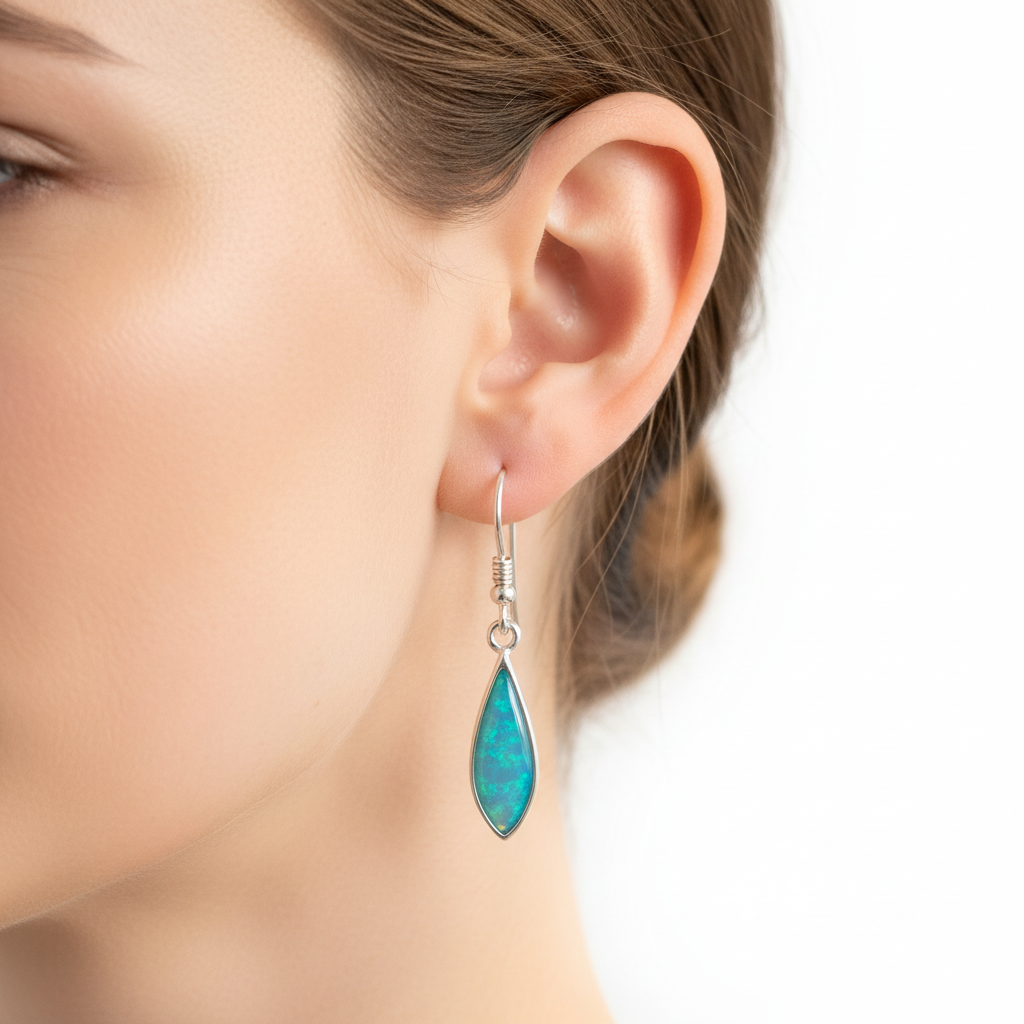 Silver 925 pear shaped memorial drop earrings - lifestyle model shot
