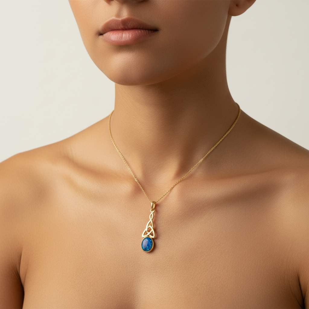 Model wearing 9ct gold Celtic memorial pendant showing true scale on collarbone