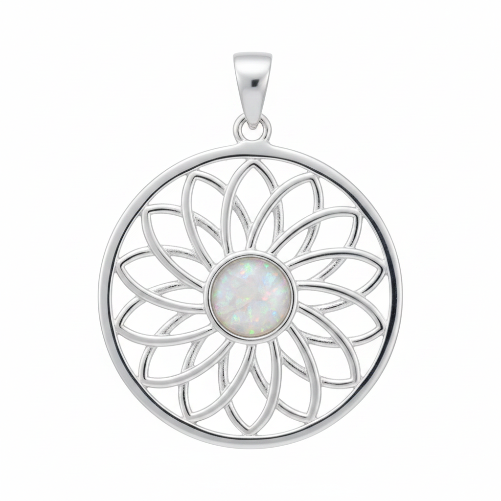 Silver 925 sunflower mandala memorial pendant with white opal and mica, white background