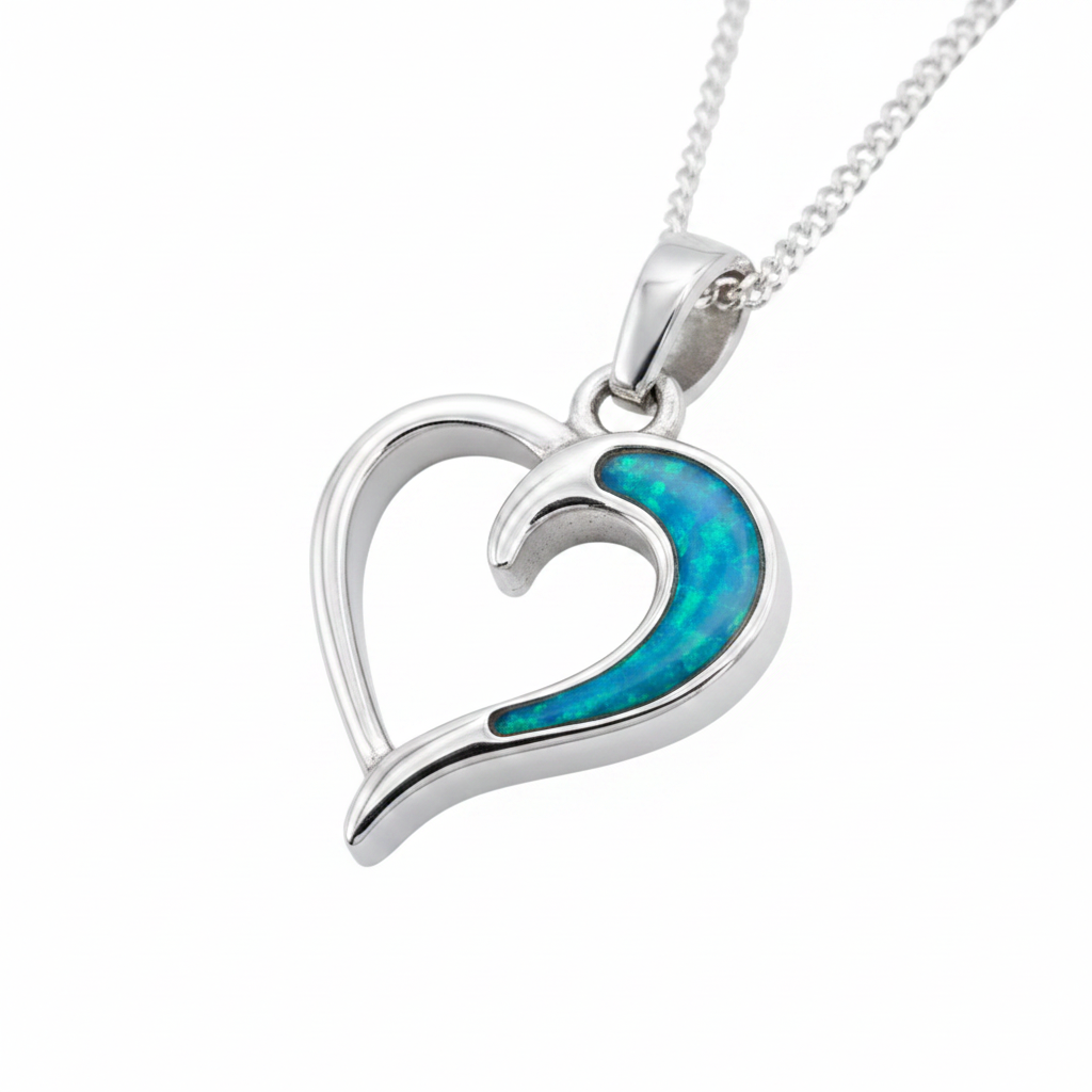 Hollow Heart 925 Silver Memorial Pendant with blue teal opal resin in swoosh area — white background