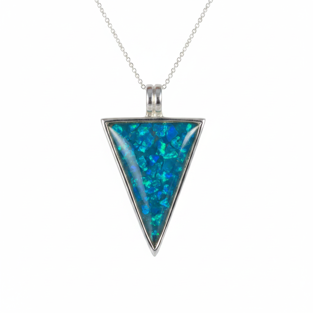 Silver 925 triangle memorial pendant — blue teal opal flakes domed resin inclusion