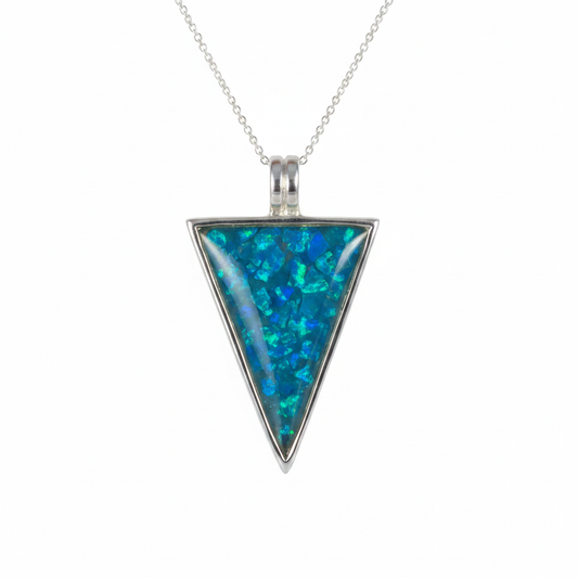 Silver 925 triangle memorial pendant — blue teal opal flakes domed resin inclusion