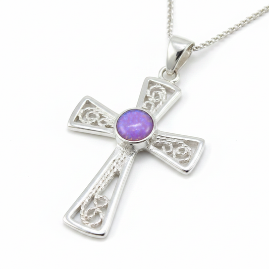 Silver 925 filigree cross memorial pendant — lavender purple opal flakes resin in 4mm round centre setting