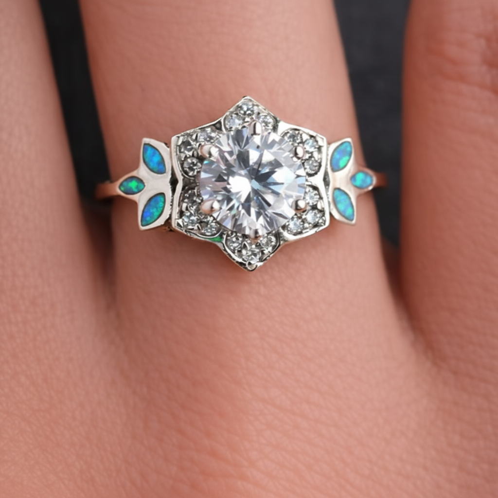 Vintage floral 925 silver CZ ring with blue teal opal resin worn on finger lifestyle shot white background