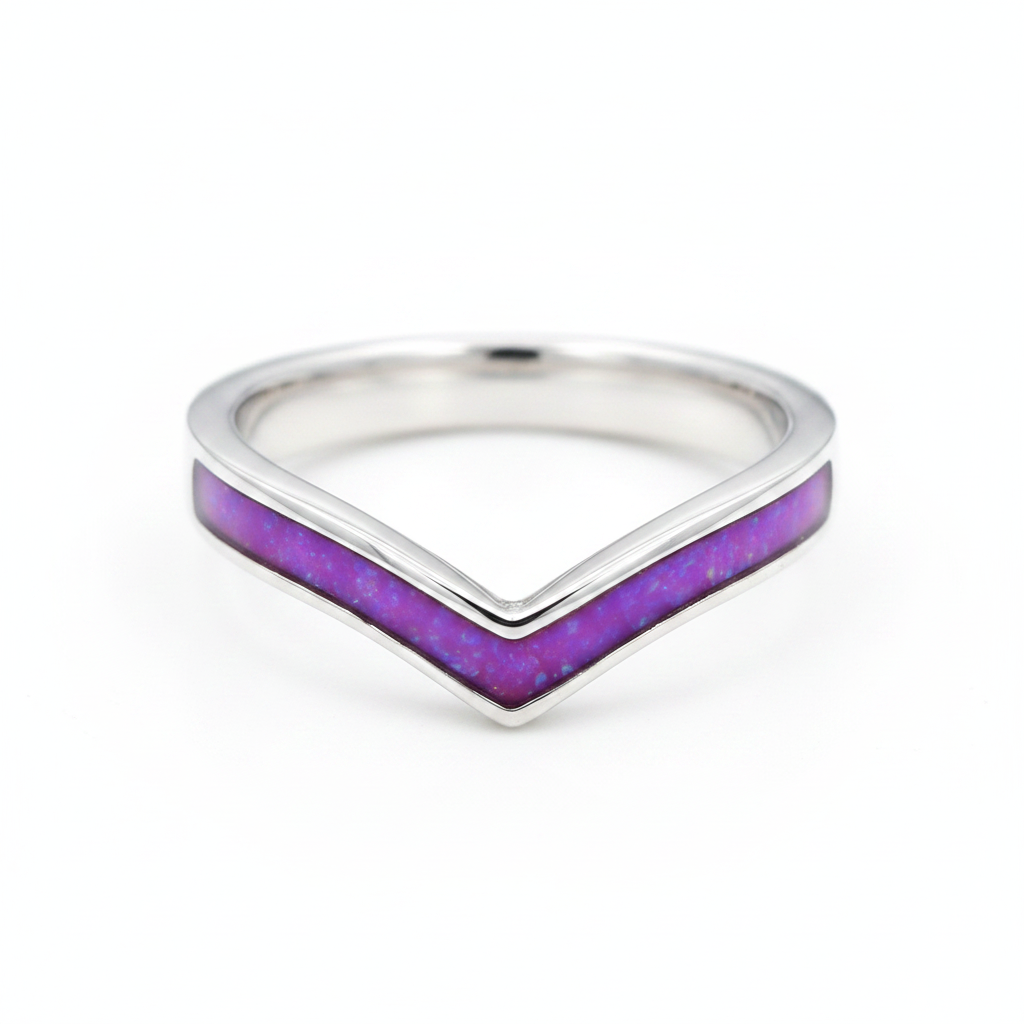 Wishbone 925 Silver Ring with lavender purple opal resin channel — pure white background