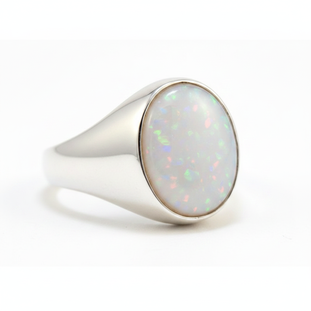Silver 925 ladies seal signet memorial ring — white pearl opal flakes resin in 10x8mm oval setting, smooth domed signet band