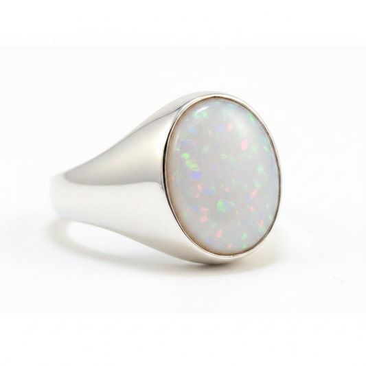 Silver 925 ladies seal signet memorial ring — white pearl opal flakes resin in 10x8mm oval setting, smooth domed signet band