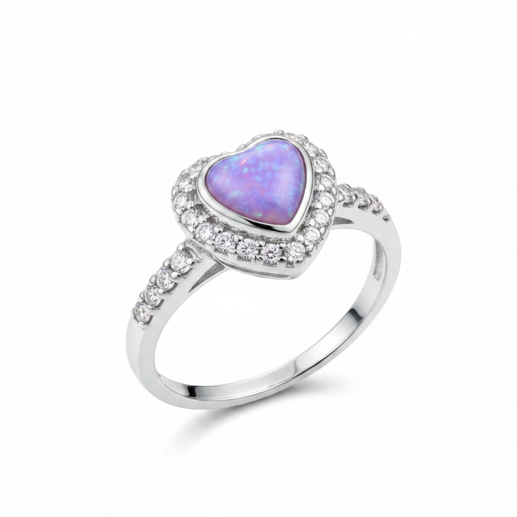 Silver 925 CZ heart halo memorial ring — lavender purple opal flakes resin in heart-shaped setting