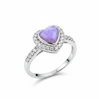 Silver 925 CZ heart halo memorial ring — lavender purple opal flakes resin in heart-shaped setting