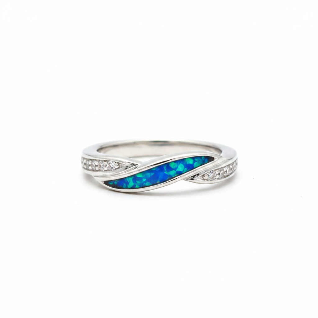 925 sterling silver single recess band memorial ring with blue teal opal flakes in channel recess