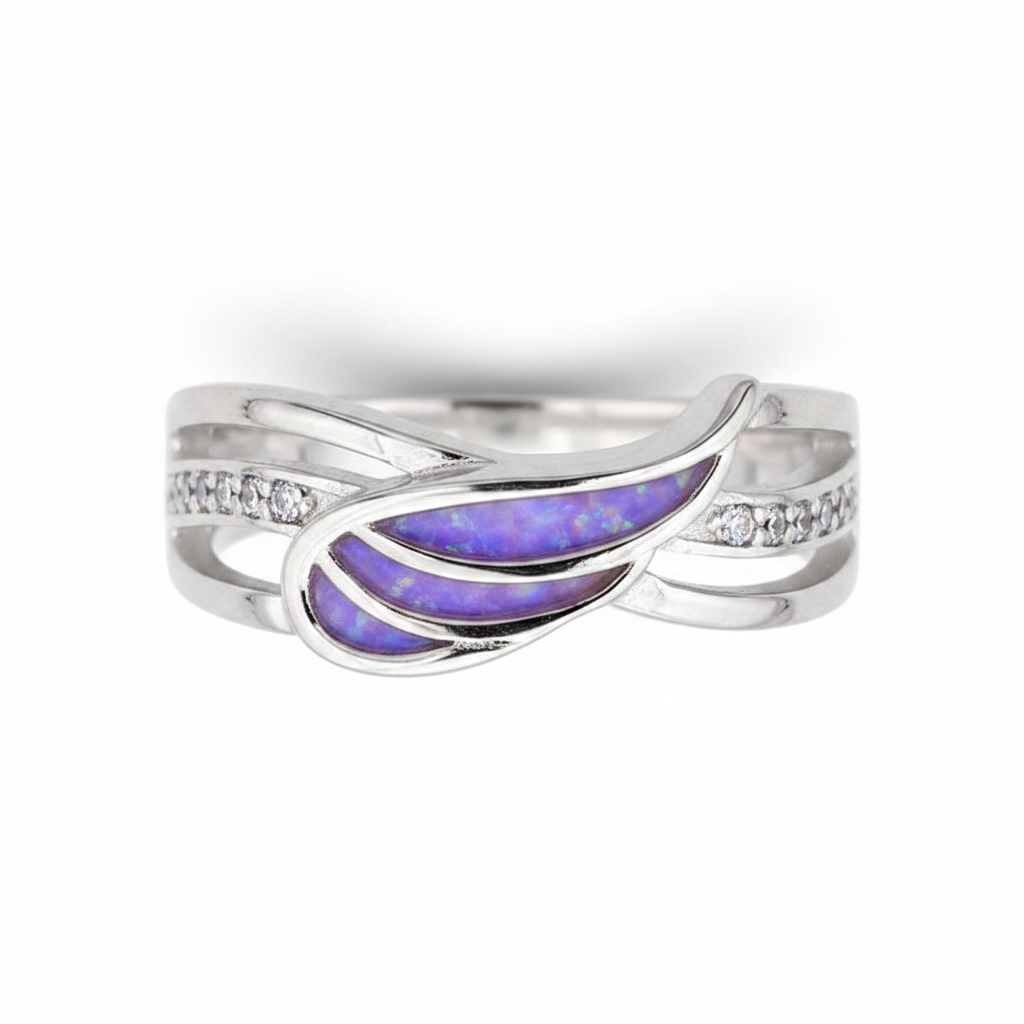 Angel wing CZ 925 silver ring with lavender purple opal resin in wing-shaped settings on white background