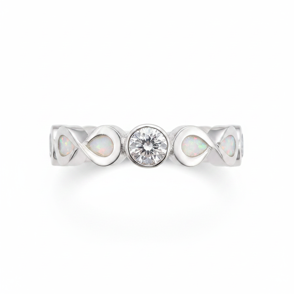 Double infinity CZ eternity 925 silver ring with white pearl opal resin in infinity bezels on white background