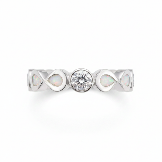 Double infinity CZ eternity 925 silver ring with white pearl opal resin in infinity bezels on white background