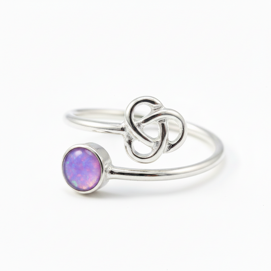 Silver 925 Celtic knot memorial ring — lavender purple opal flakes resin in 4mm round setting
