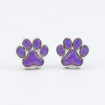 Silver 925 dog paw print memorial stud earrings pair — lavender purple opal flakes resin in all five pad settings per earring