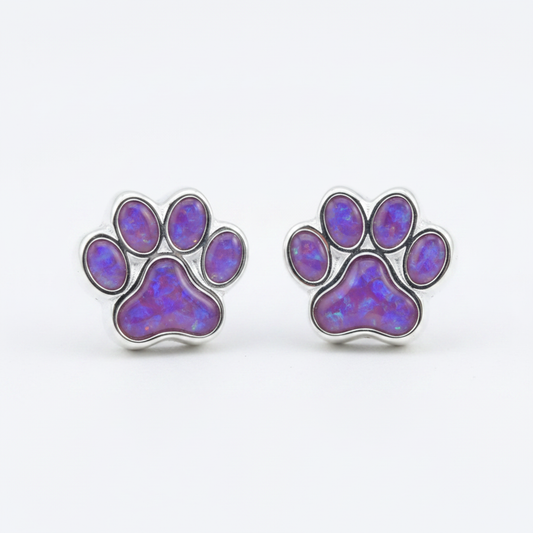 Silver 925 dog paw print memorial stud earrings pair — lavender purple opal flakes resin in all five pad settings per earring