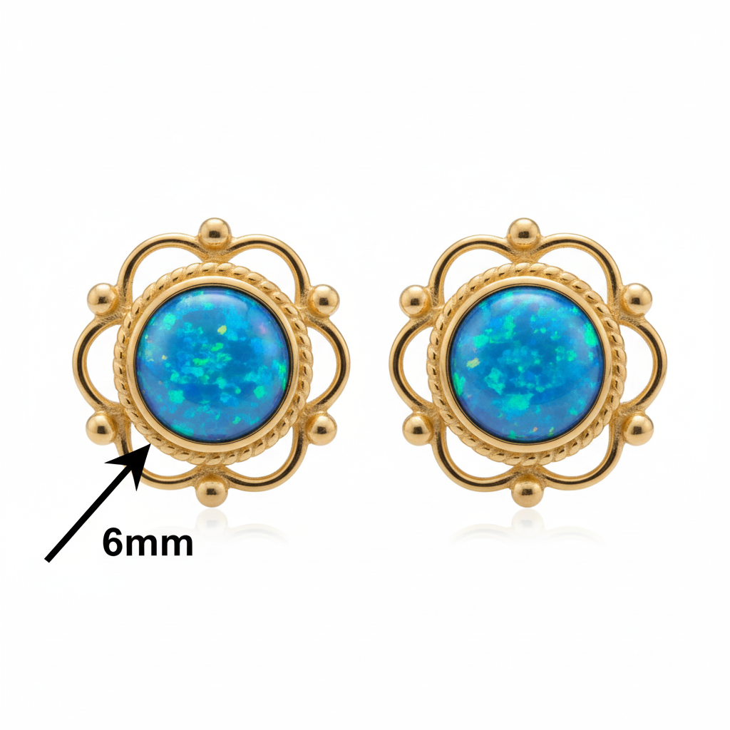 Gold frill and bead round stud earrings dimensions guide — 6mm centre stone