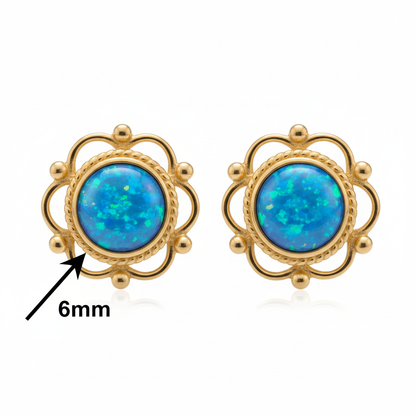 Gold frill and bead round stud earrings dimensions guide — 6mm centre stone