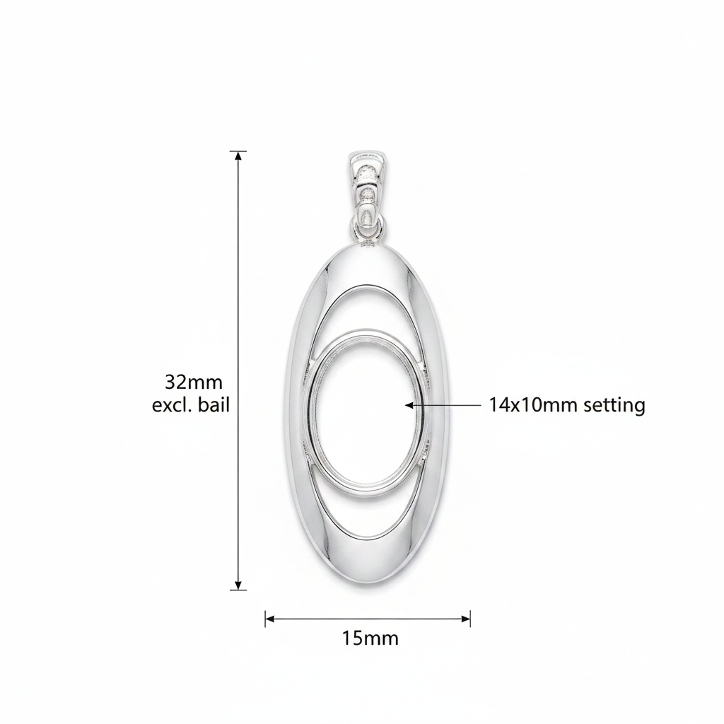 Silver 925 oval orbit memorial pendant dimensions — 32x15mm excl. bail, 14x10mm oval centre