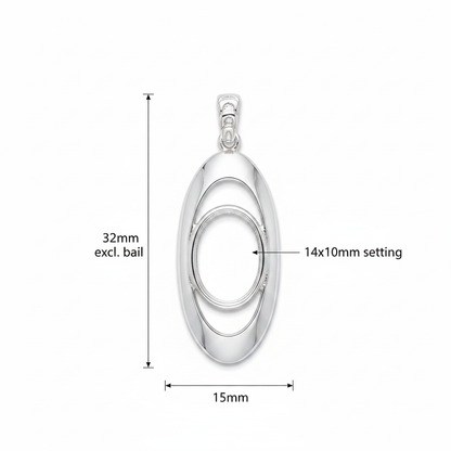Silver 925 oval orbit memorial pendant dimensions — 32x15mm excl. bail, 14x10mm oval centre