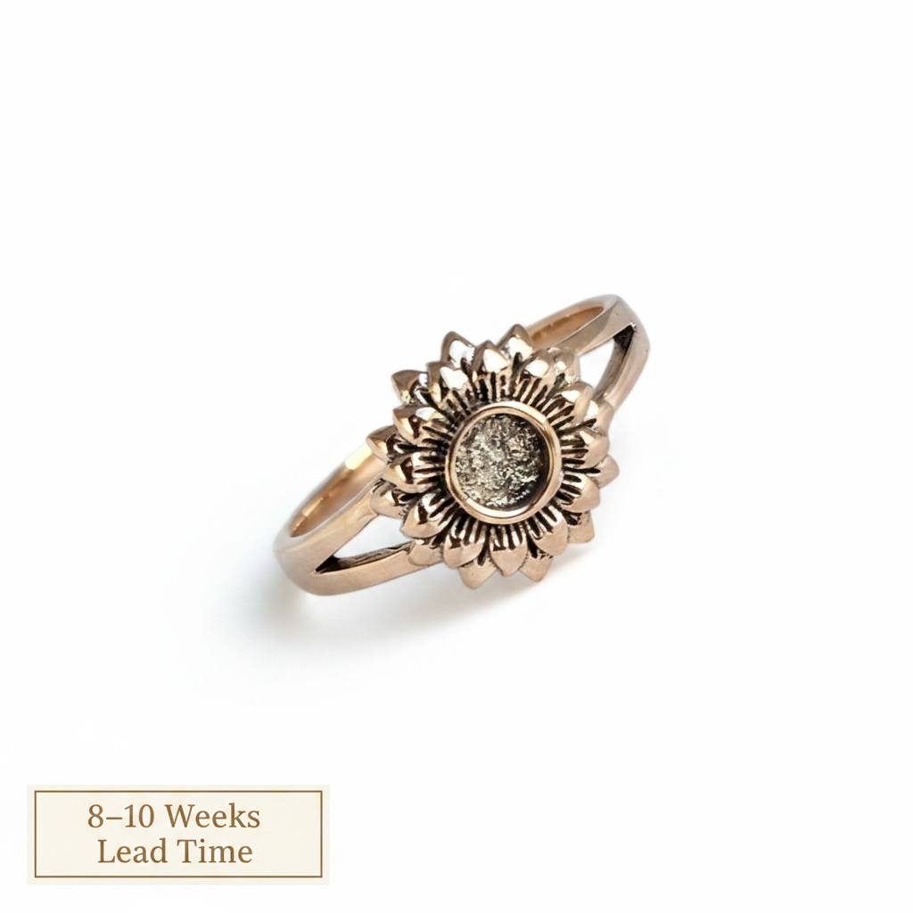 9ct Gold Sunflower Split Shank Ring — white background, 8-10 weeks lead time sticker